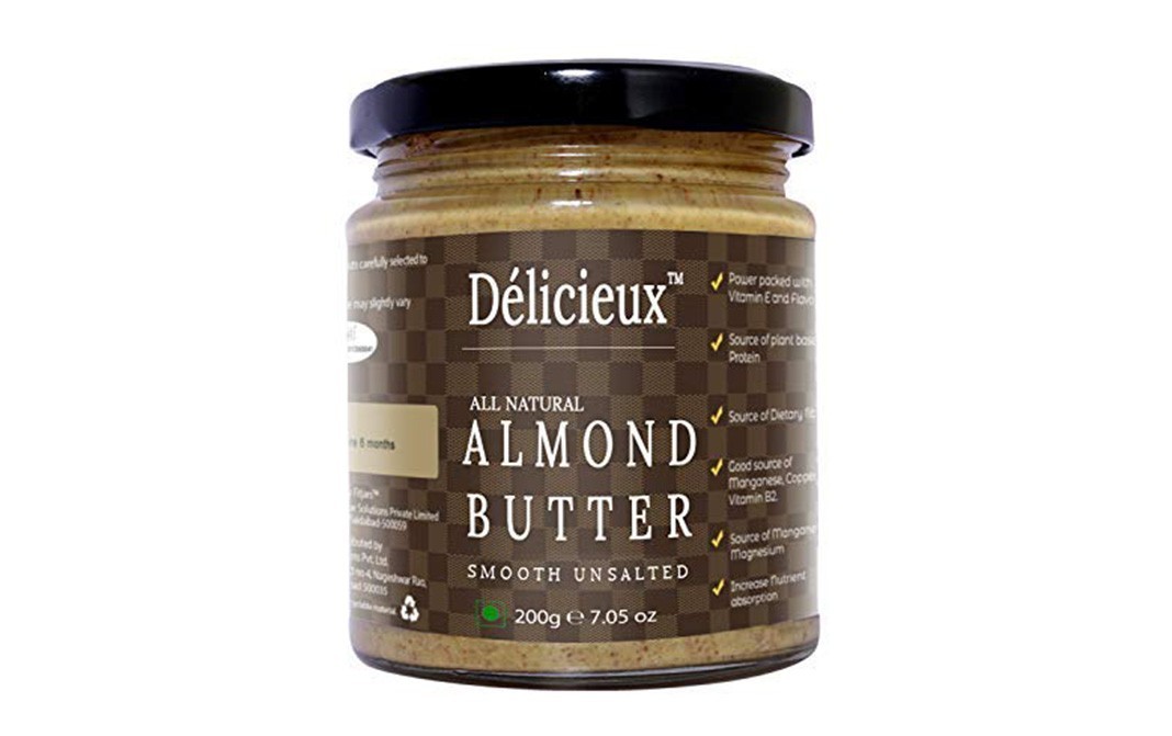 Delicieux All Natural Almond Butter, Smooth Unsalted   Glass Jar  200 grams